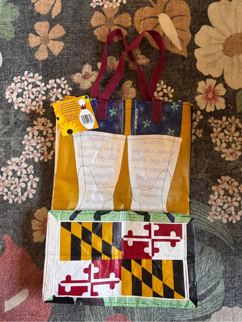 NWT Trader Joes Maryland Horse Reusable Tote Bag - Yellow & Purple